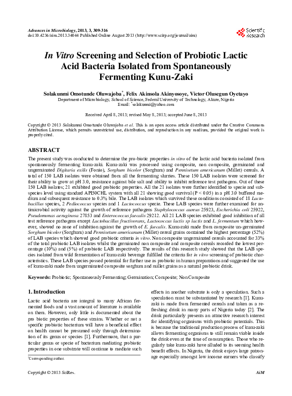 (PDF) In Vitro Screening and Selection of Probiotic Lactic Acid ...