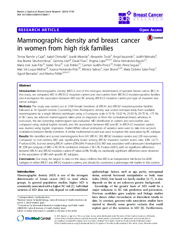 (PDF) Mammographic density and breast cancer in women from high risk ...