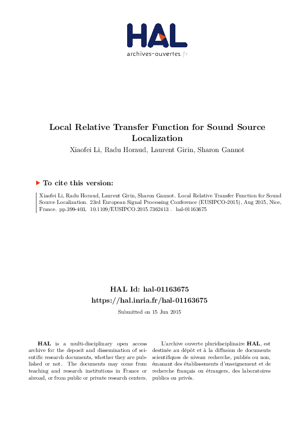 (PDF) Local relative transfer function for sound source localization