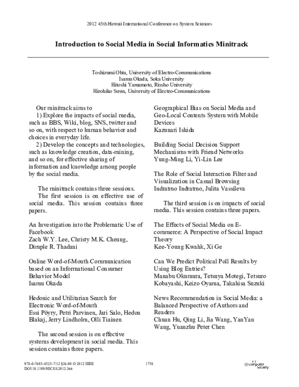 (PDF) Introduction to Social Media in Social Informatics Minitrack
