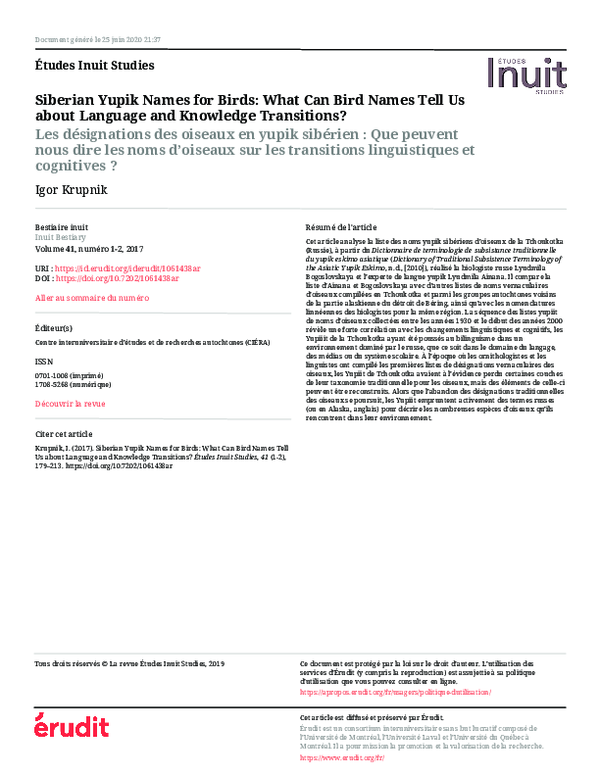 (PDF) Siberian Yupik Names for Birds What Can Bird Names Tell Us about