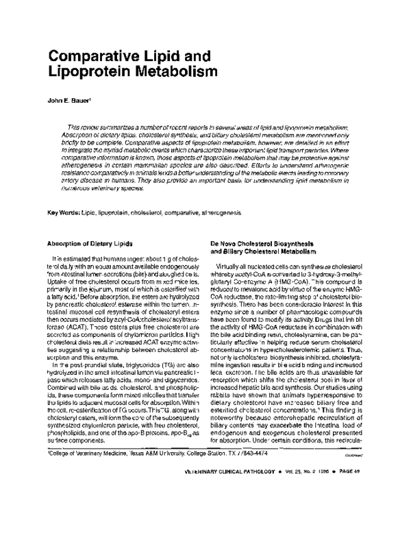 (PDF) Comparative Lipid and Lipoprotein Metabolism