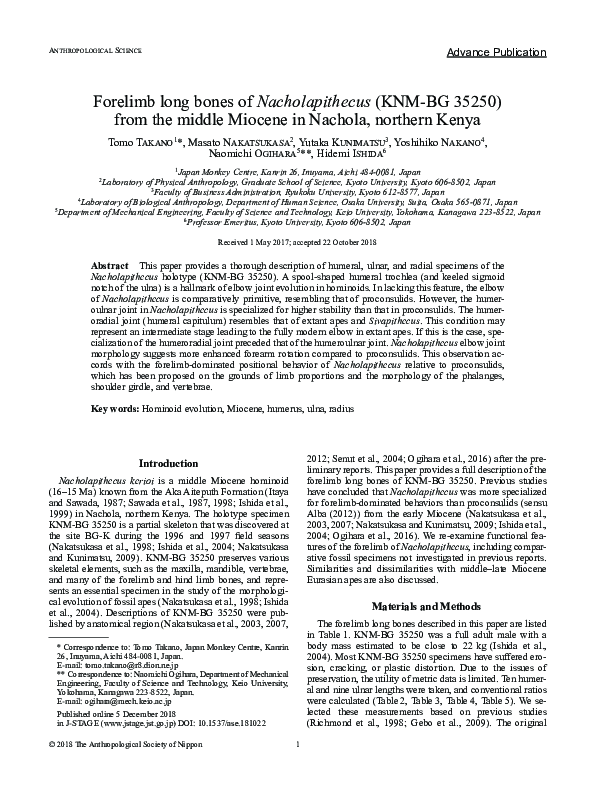(PDF) Forelimb long bones of Nacholapithecus (KNM-BG 35250) from the ...
