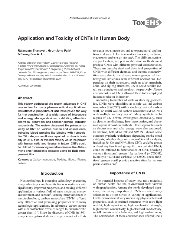 (PDF) Application and toxicity of CNTs in human body