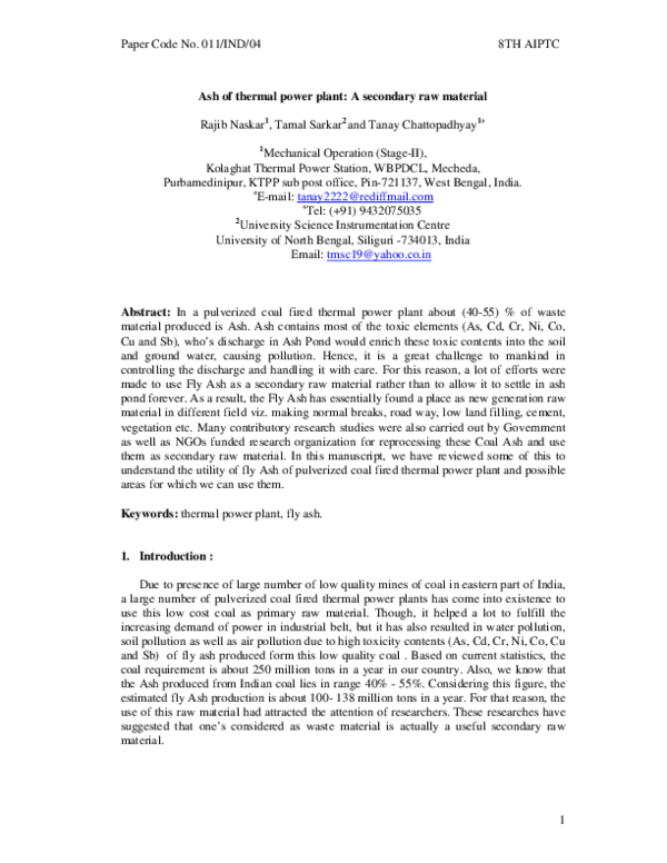 (PDF) Paper Code Ash of thermal power plant A secondary raw material