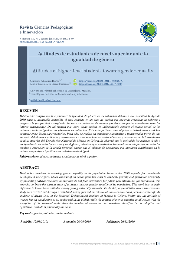 (PDF) Actitudes de estudiantes de nivel superior ante la igualdad de género