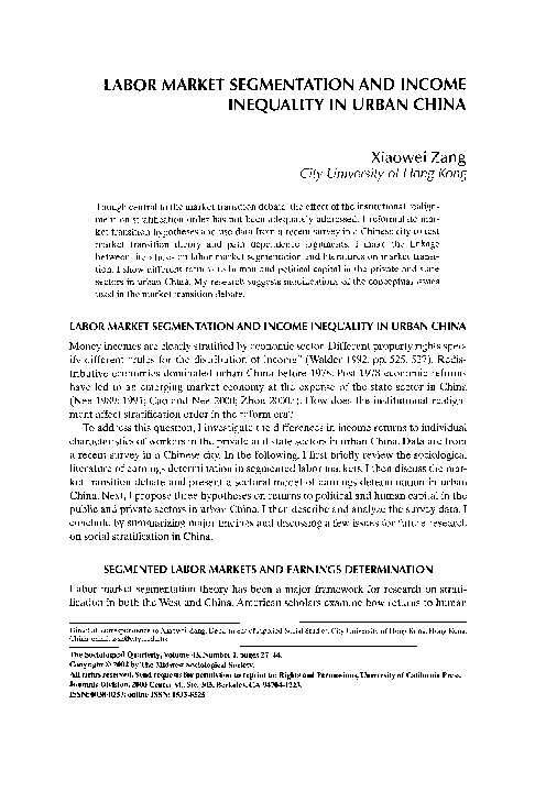 (PDF) Labor Market Segmentation and Income Inequality in Urban China