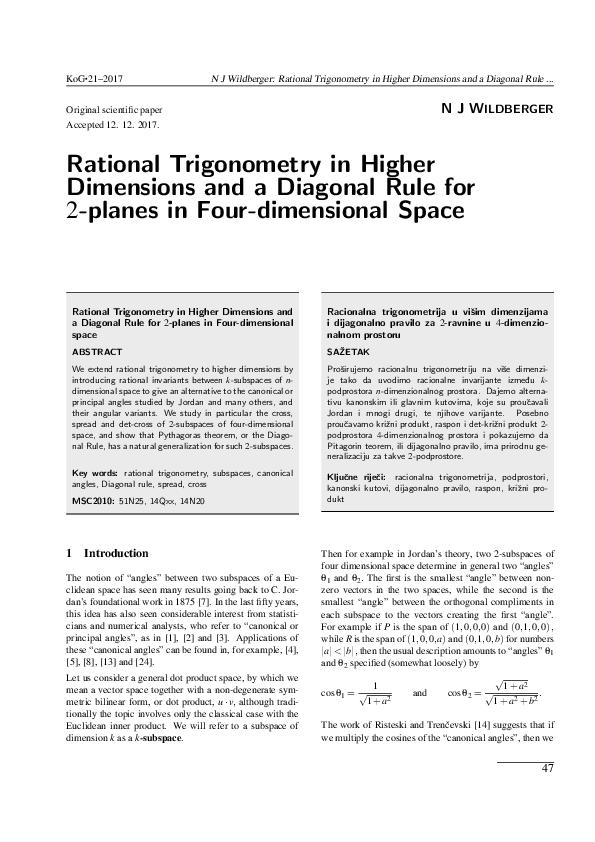 (PDF) Rational Trigonometry in Higher Dimensions and a Diagonal Rule ...