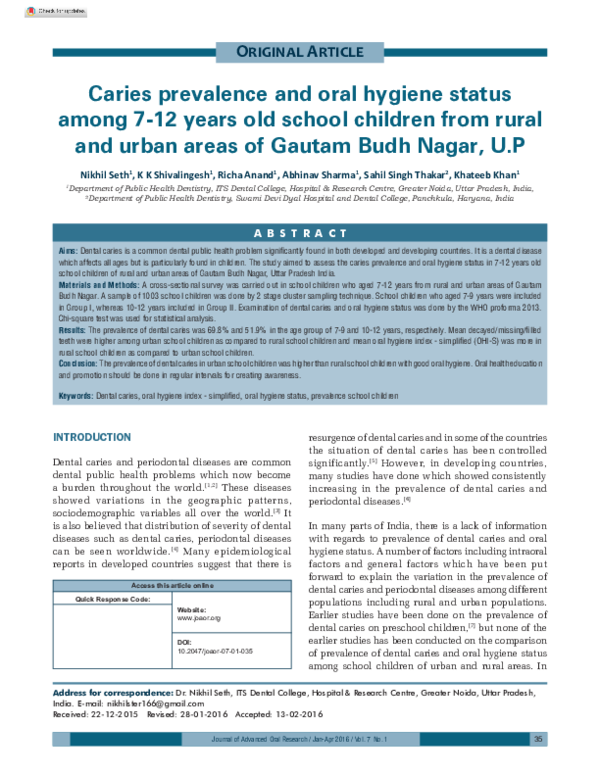 (PDF) Caries prevalence and oral hygiene status among 7-12 years old ...