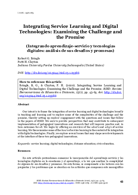 (PDF) Integrating Service Learning and Digital Technologies: Examining ...