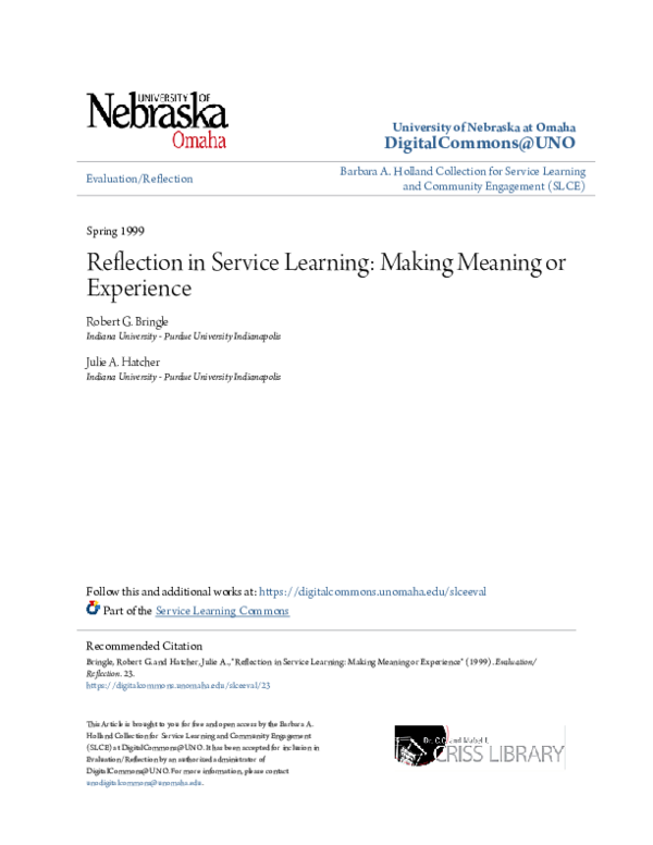 (PDF) Reflection in service learning: Making meaning of experience