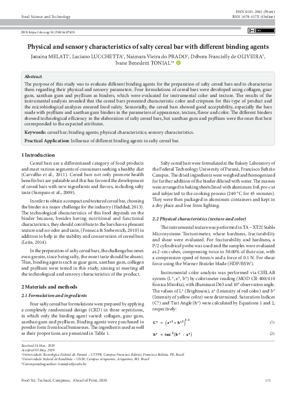 (PDF) Physical and sensory characteristics of salty cereal bar with