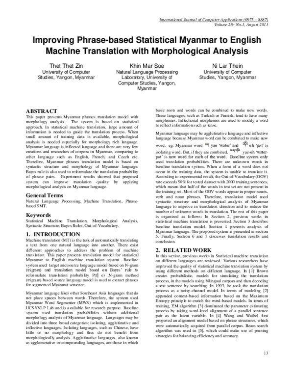 (PDF) Improving Phrasebased Statistical Myanmar to English Machine ...