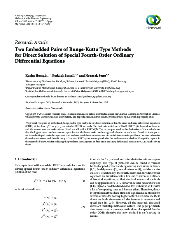 (PDF) Two Embedded Pairs of Runge-Kutta Type Methods for Direct ...