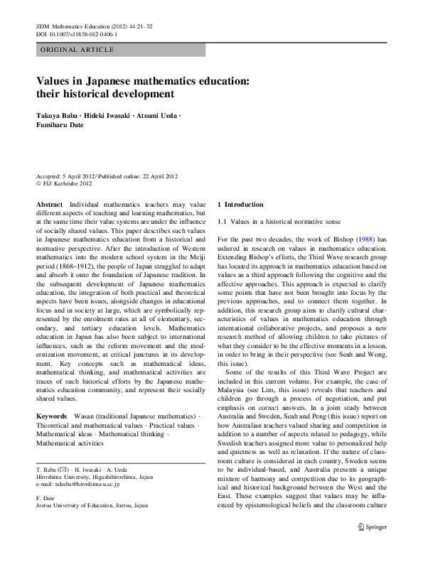 (PDF) Values in Japanese mathematics education: their historical ...