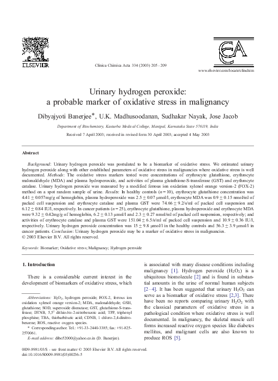(PDF) Urinary hydrogen peroxide a probable marker of oxidative stress