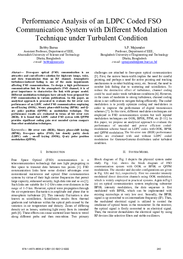 (PDF) Performance analysis of an LDPC coded FSO communication system ...