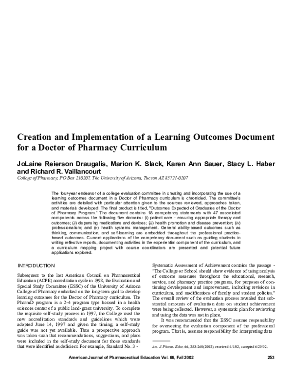 (PDF) Creation and implementation of a learning outcomes document for a ...