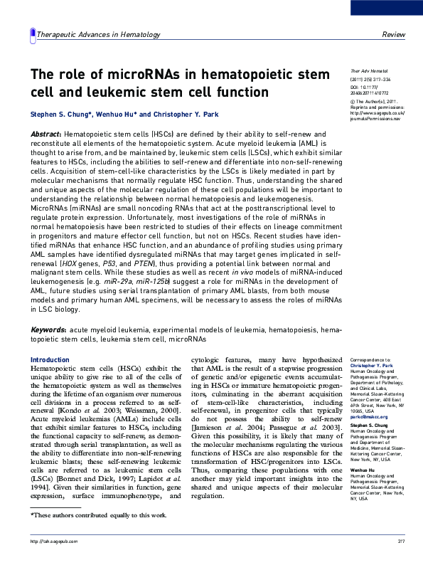 (PDF) The role of microRNAs in hematopoietic stem cell and leukemic ...