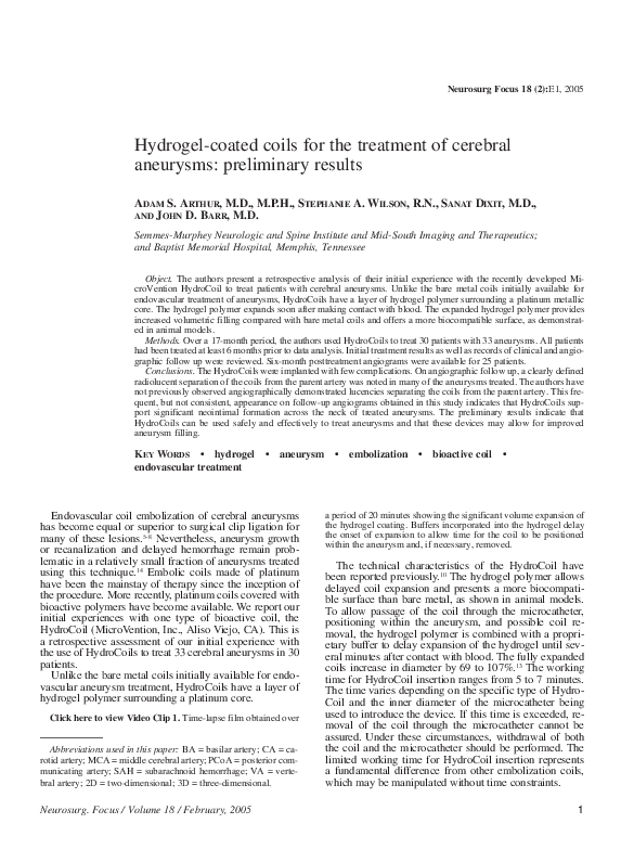 (PDF) Hydrogelcoated coils for the treatment of cerebral aneurysms