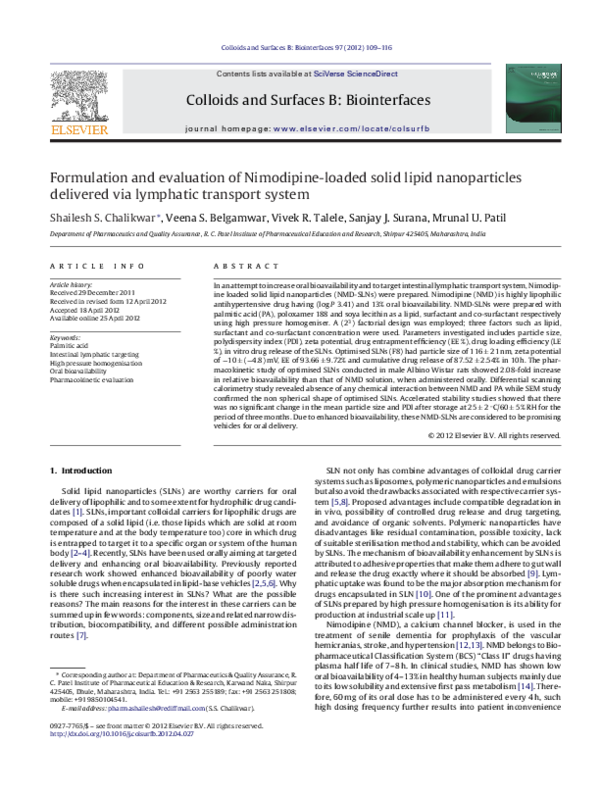 (PDF) Formulation and evaluation of Nimodipine-loaded solid lipid ...