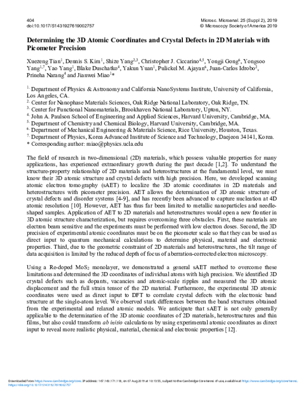 (PDF) Determining the 3D Atomic Coordinates and Crystal Defects in 2D ...
