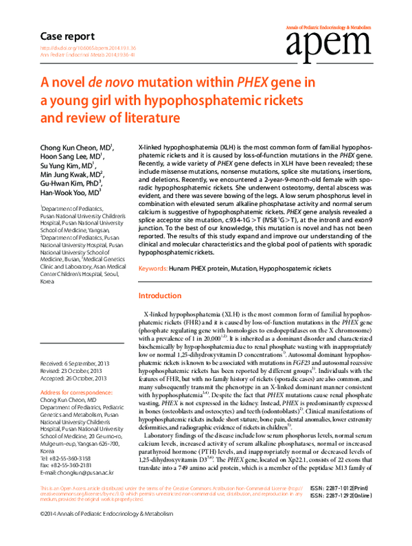 (PDF) A novel de novo mutation within PHEX gene in a young girl with ...