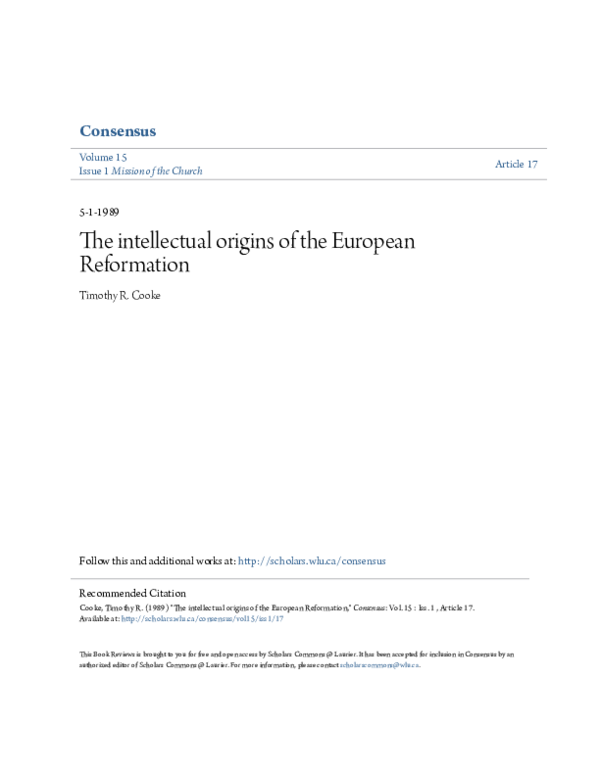 The Intellectual Origins of the European Reformation