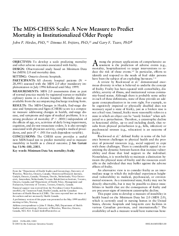 (PDF) The MDS-CHESS Scale: A New Measure to Predict Mortality in ...