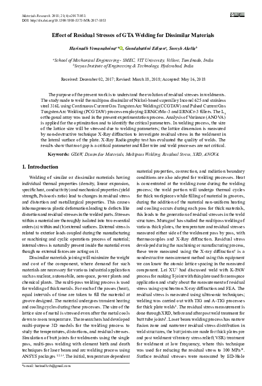 (PDF) Effect of Residual Stresses of GTA Welding for Dissimilar Materials
