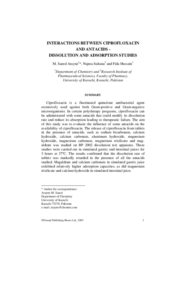 (PDF) Interactions between ciprofloxacin and antacids Dissolution and