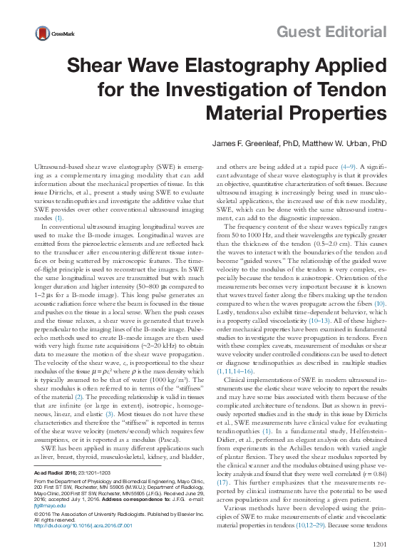 (PDF) Shear Wave Elastography Applied for the Investigation of Tendon ...