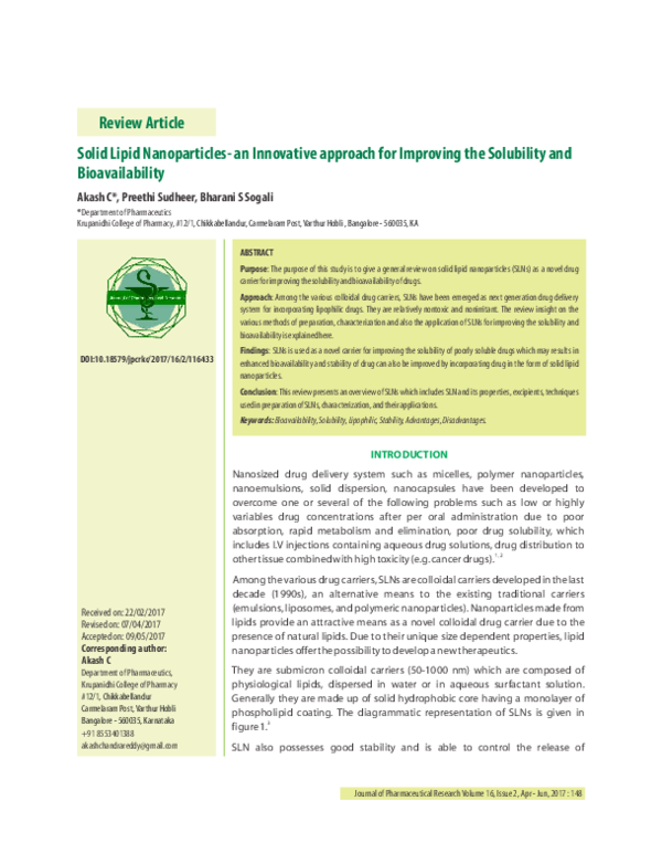 (PDF) Solid Lipid Nanoparticles- An Innovative Approach for Improving ...