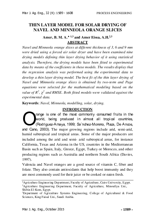 (PDF) Thin Layer Model for Solar Drying of Navel and Minneola Orange Slices