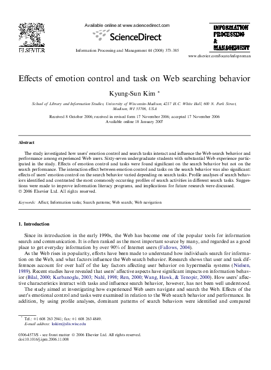 (PDF) Effects of emotion control and task on Web searching behavior