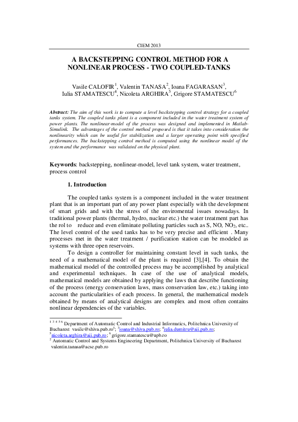 (PDF) A Backstepping Control Method for a Nonlinear Process - Two ...