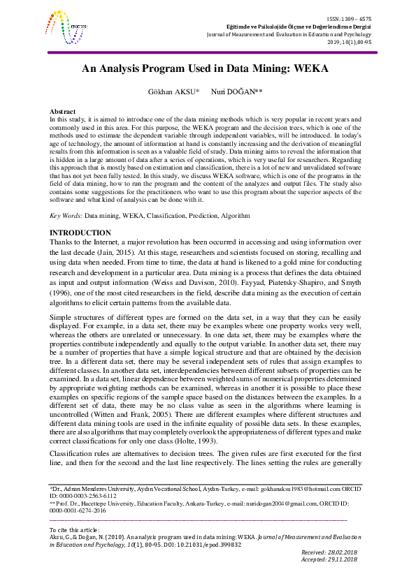 (PDF) An Analysis Program Used in Data Mining: WEKA | Gökhan AKSU ...