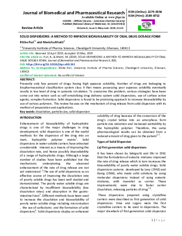 (PDF) Solid Dispersions: A Method to Improve Bioavailability of Oral ...