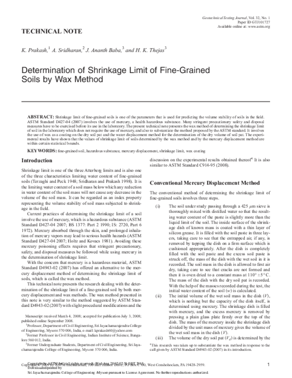 (PDF) Determination of Shrinkage Limit of FineGrained Soils by Wax Method ananth baba