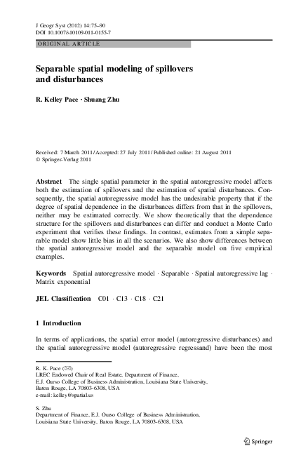 (PDF) Separable spatial modeling of spillovers and disturbances