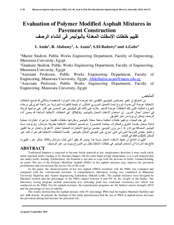 (PDF) Evaluation of Polymer Modified Asphalt Mixtures in Pavement ...