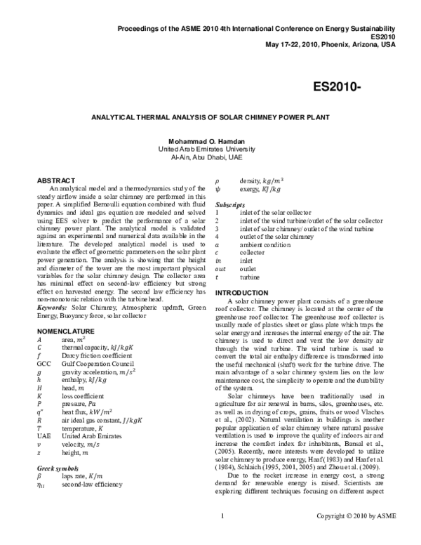 (PDF) Analytical Thermal Analysis of Solar Chimney Power Plant