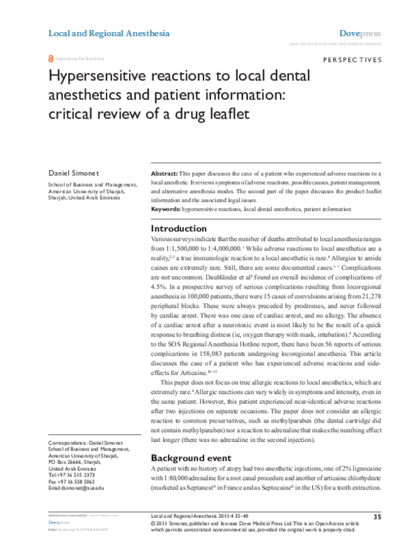 (PDF) Hypersensitive reactions to local dental anesthetics and patient