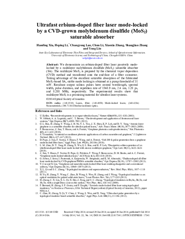 (PDF) Ultrafast erbium-doped fiber laser mode-locked by a CVD-grown ...