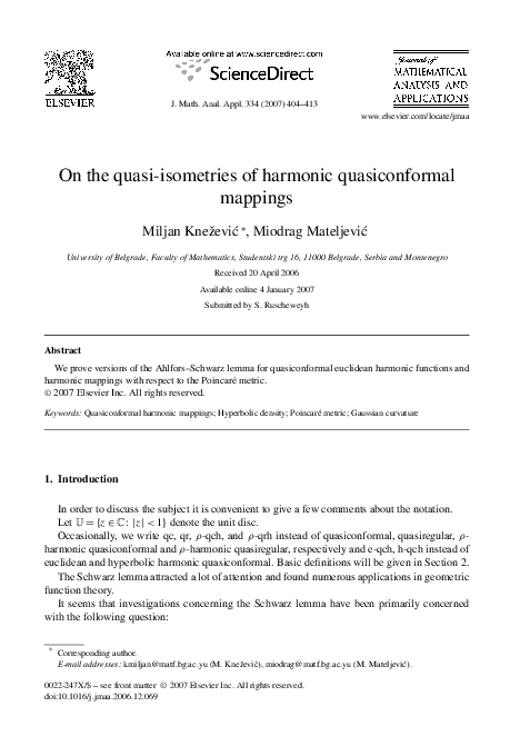 (PDF) On the quasi-isometries of harmonic quasiconformal mappings