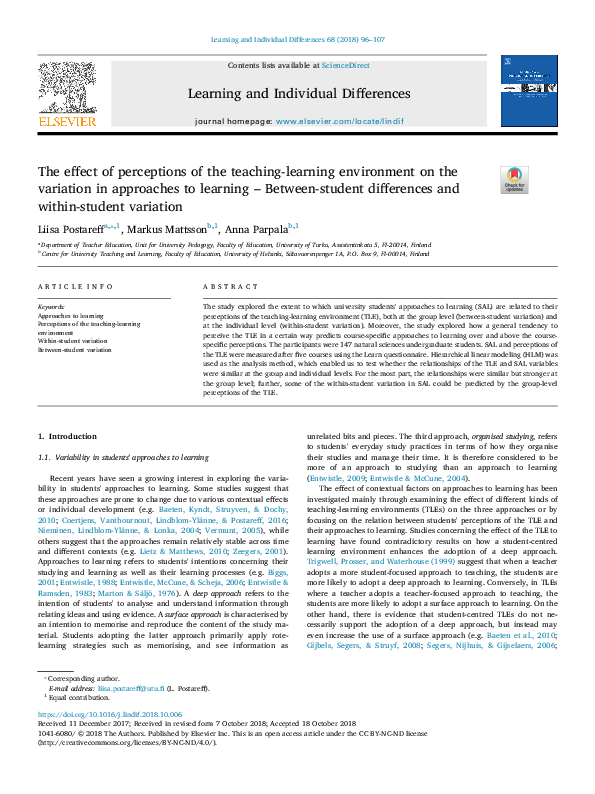 (PDF) The effect of perceptions of the teaching-learning environment on ...
