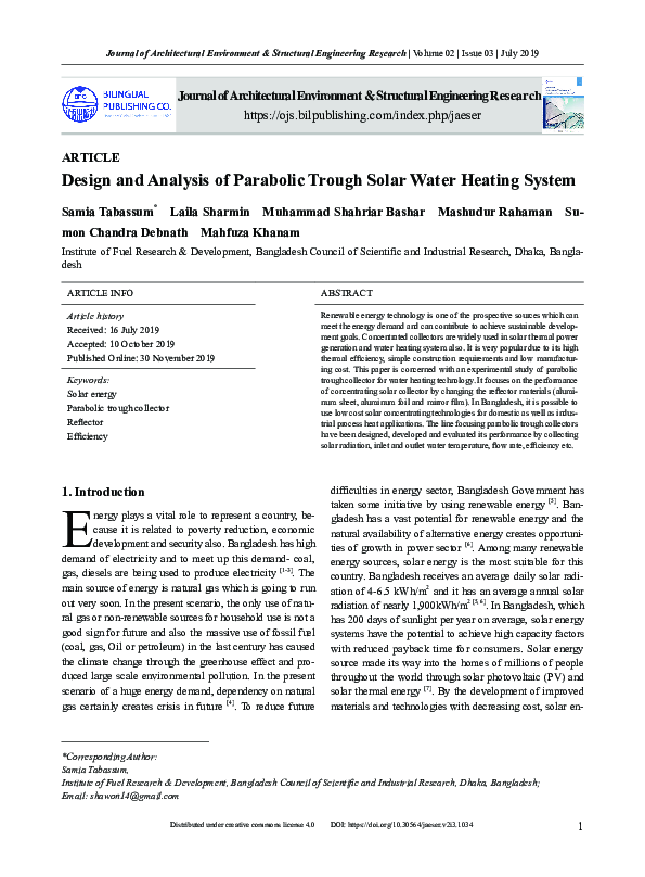(PDF) Design and Analysis of Parabolic Trough Solar Water Heating System