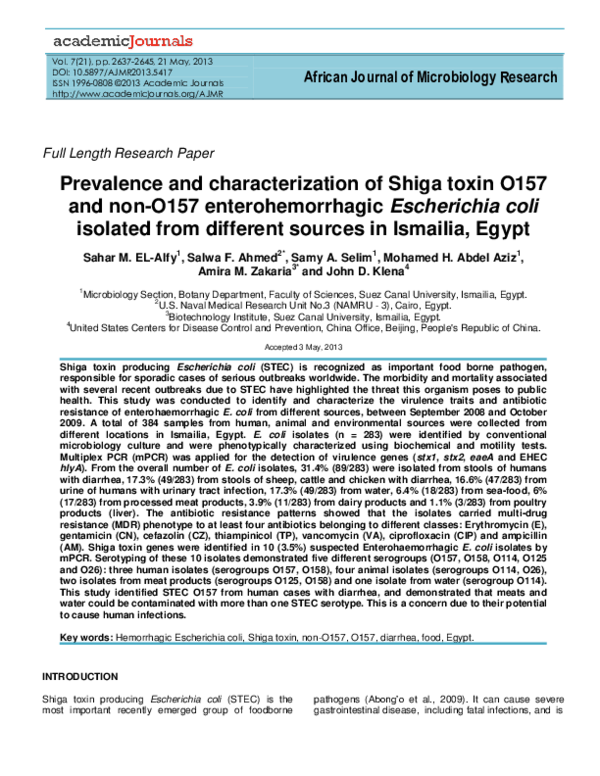 (PDF) Prevalence and characterization of Shiga toxin O157 and non-O157 ...