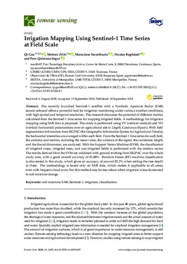 (PDF) Irrigation Mapping Using Sentinel-1 Time Series at Field Scale