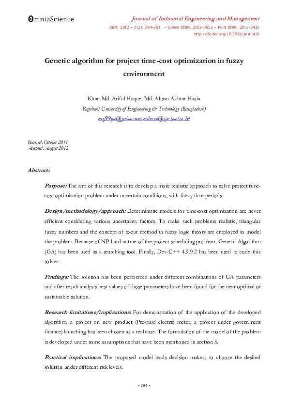 (PDF) Genetic algorithm for project time-cost optimization in fuzzy ...